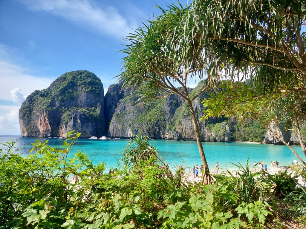Captivating view of Maya Bay Phi Phi Island with turquoise waters, greenery, and limestone formations under a bright sky.
